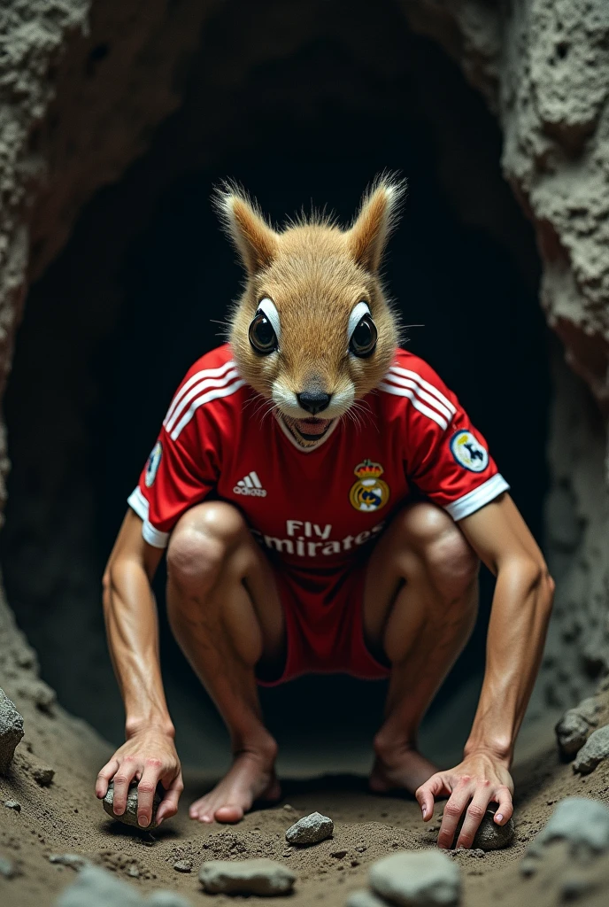 A naked man with a squirrel hat and a real madrid t-shirt in a cave digging for stone   