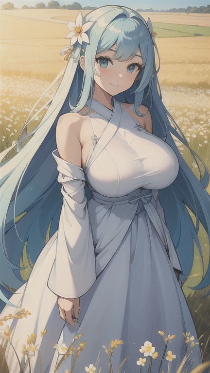masterpiece, Best Quality, ultra high resolution, detailed illustration, portrait, detailed, 1 girl standing in the wheat field, Alone, by the wide, dress, flower, Hanfu blanco, smile, Whole body, white flower, bare shoulders, very by the wide, aquamarine hair, Closed mouth, in front of the viewer, hits, giant breasts huge tits