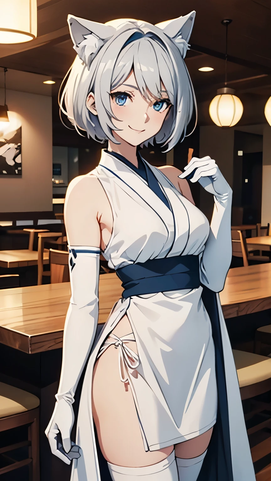Tabletop　High resolution　Best image quality　8k　 Adult female　Anime Style　White long gloves(Elbow Gloves)　White kimono（Sleeveless）　White Stockings　White wolf ears　short hair（（Shortcuts）（Gray Hair）（Perm）（fluffy））　blue eyes　smile（（Open your mouth））　restaurant