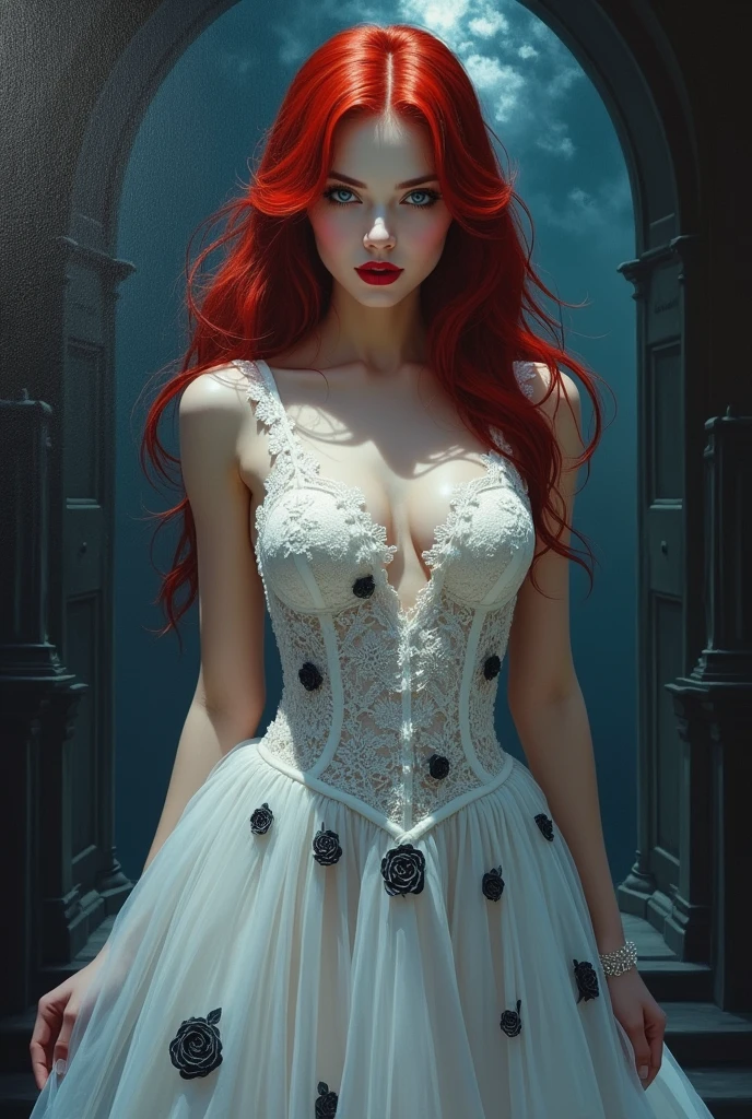 Oil Painting anime comic art, Clyde Caldwell art, of a female vampire, exquisite beauty, full body shot, dark glamour shot, busty, pale white skin, dark red hair, long hair, wavy hair, blood red lips, glowing grey eyes, she wears a (white lace dress: 1.3) exquisite, beautiful, ((white lace: 1.5)) dress (intense details, Masterpiece, best quality: 1.5), the roses are imprinted on the dress (black: 1.4) high heells, dark castle