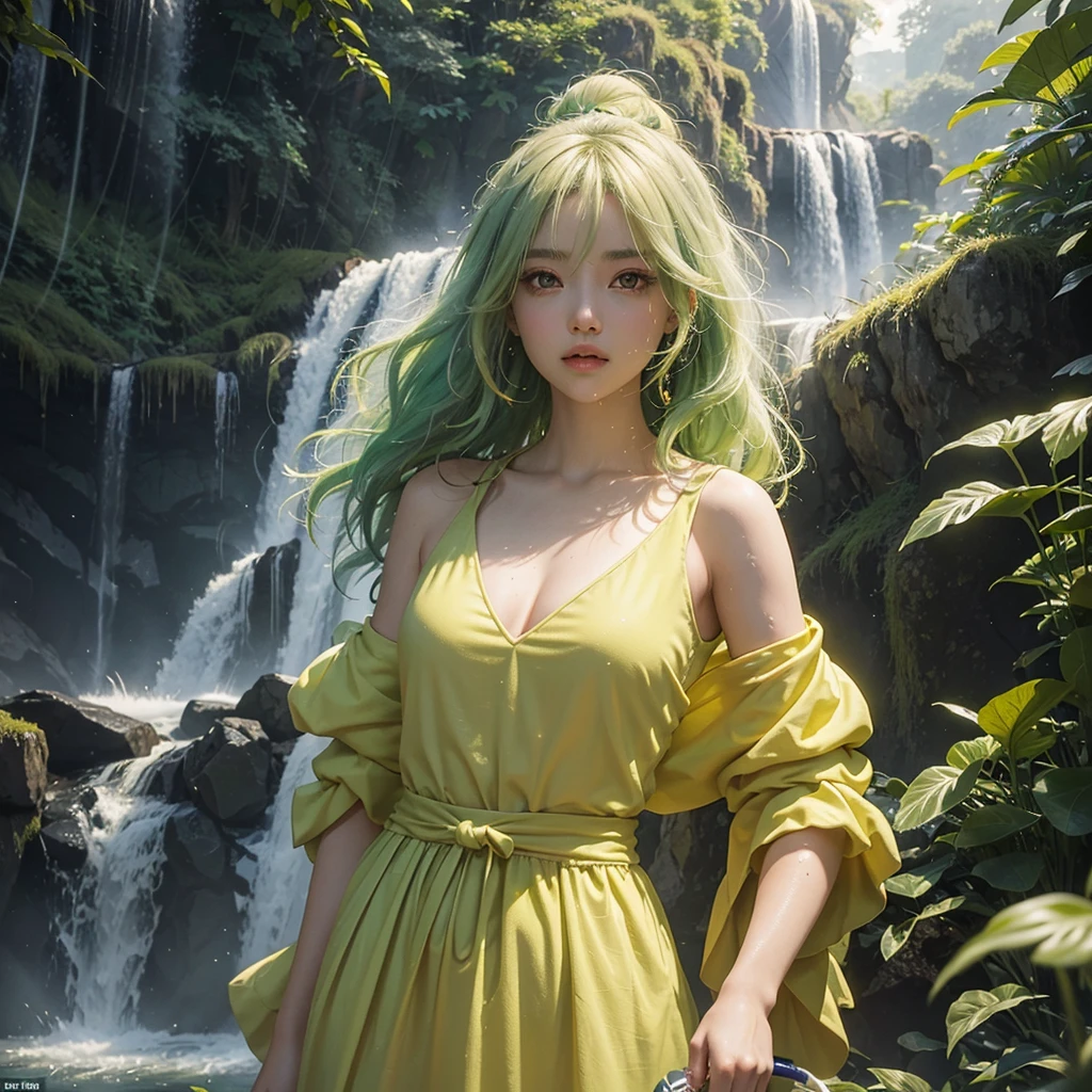 A girl covered in green mist and yellow mist, holding a water orb like ball dripping down, waterfall as the orb drips, yellow green highlight hair straight, white eyes, goddess like