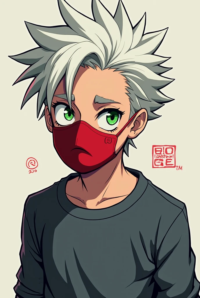 JoJo 2D style character, I will keep the main features, male character, like spiky white hair, a red mouth mask and green eyes with a tired expression, wearing a dark gray sweatshirt.