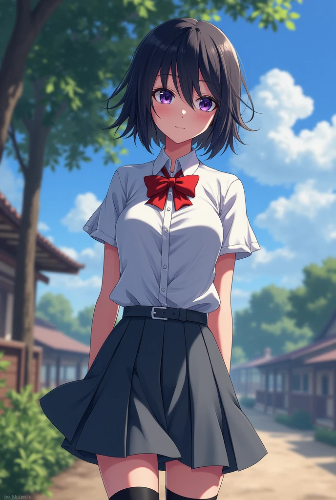 ((best quality)), ((highly detailed)), masterpiece, , (1girl), Perspective distortion, cowboy shot, ((wide shot)), Rukia, black hair, short hair, hair between eyes, purple eyes, , white collared shirt, red bowtie, grey pleated skirt, socks, shoes, (outside, black thighhighs ,looking viewer
