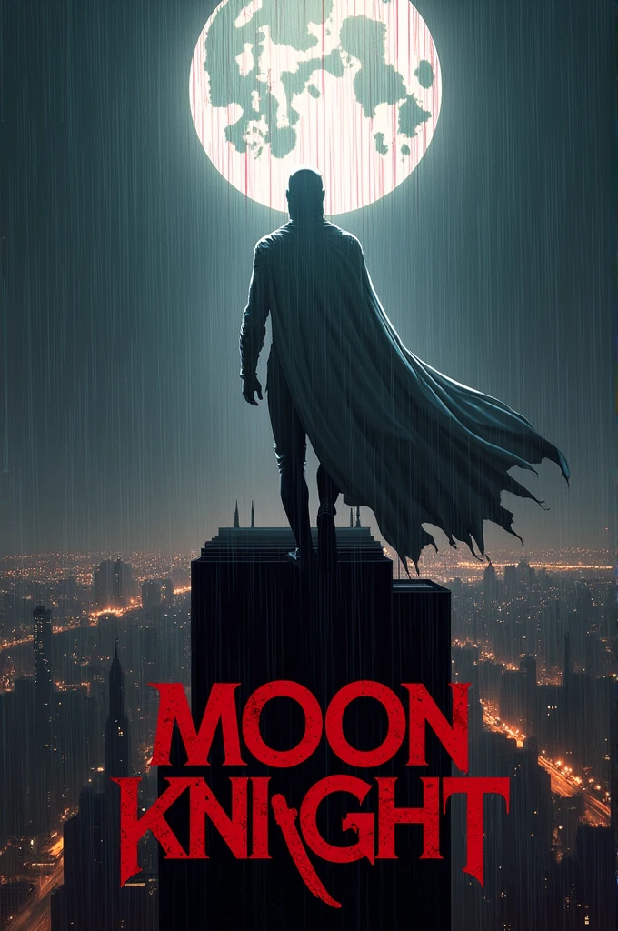 Make a poster for a Moon Knight series where it&#39;s on top of a building at night while it&#39;s raining blood, and as title put Moon Knight in red 