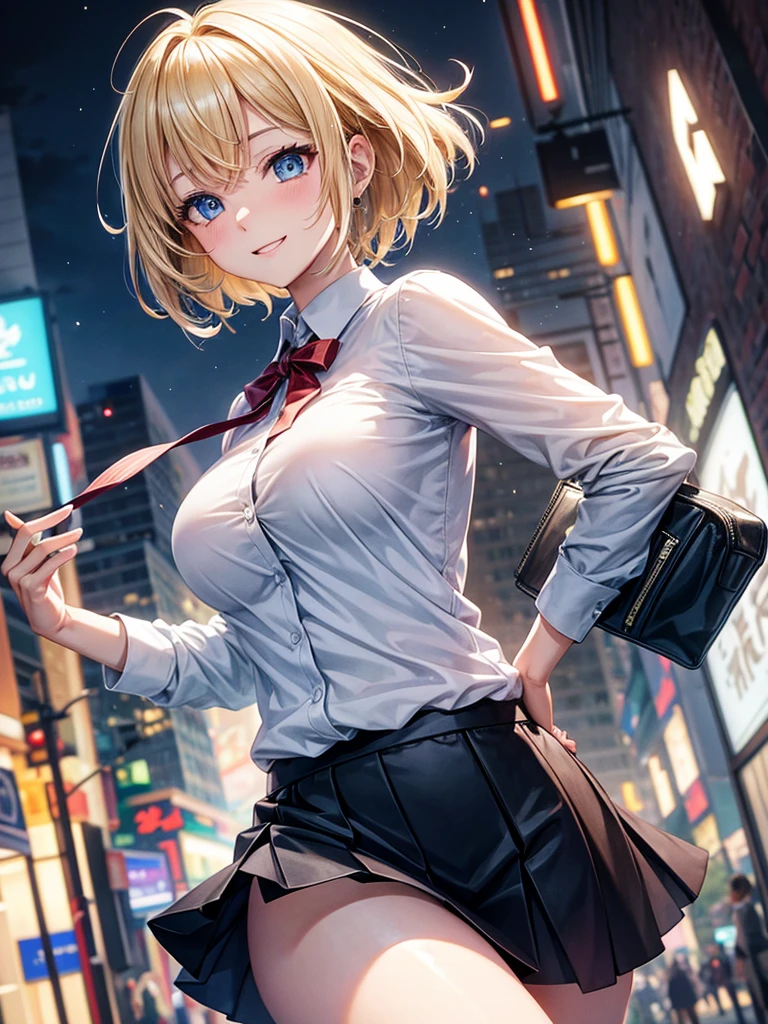 Anime style, super fine illustration, highly detailed, beautiful detailed, pale tone image, static representation, gentle expression, happy expression, 8k, pretty 1girl with blonde straight short hair & blue eyes & a bright smile & full bust & soft fair skin is wearing big white business shirt not to show her skin & black tight skirt & 1business bag, on the business building street, in the morning, brilliant particles of lights, happy stories, romantic stories, solo, perfect fingers, perfect arms, perfect legs, masterpiece.