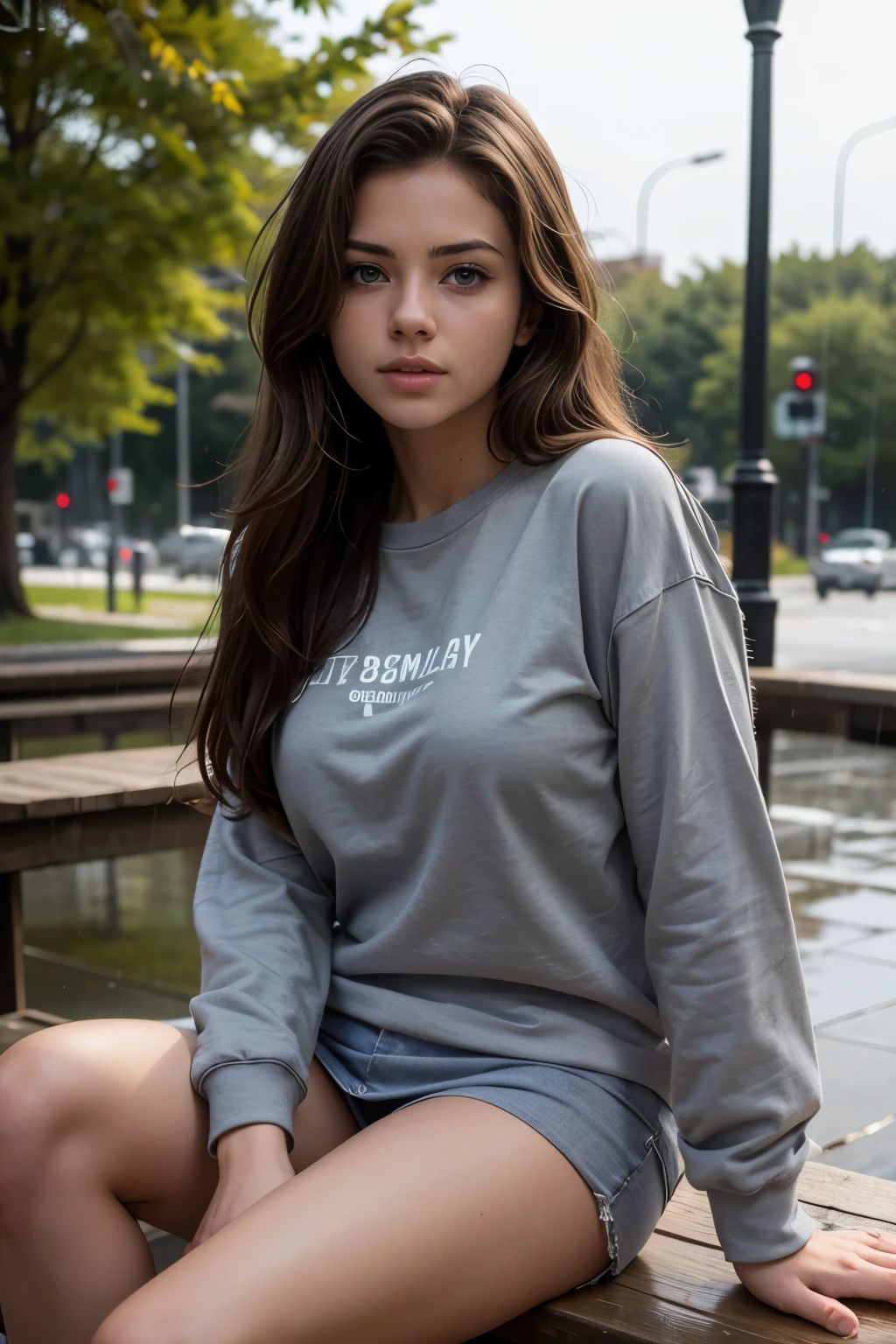 (HD photo:1.3), best quality, ultra detailed, 8k, 18 year old girl, pretty, (long dark hair), detailed eyes, large breasts, (wearing grey sweatshirt), sitting on bridge, rain
