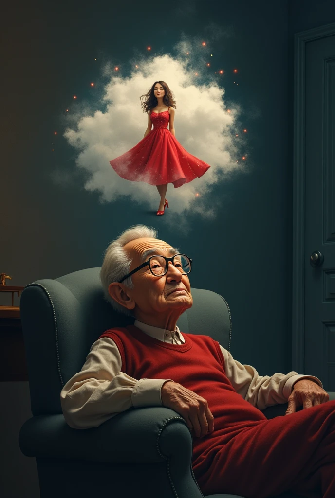 The same grandfather now sits in a chair talking something nostalgic with his glasses on while he seems to be talking about his fiancée and lover. It's still night. A cloud forms in his head with a mental image of him and his fiancée in love., She is wearing a red dress with white polka dots.