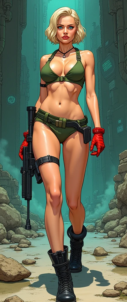 A captivating Metal Hurlant comic magazine cover masterfully illustrated by the renowned French artist Moebius. The cover showcases Cammy White, a and enchanting British special forces operative from Street Fighter. With short blonde hair styled in two braids and piercing blue eyes, she exudes power and confidence. Dressed in a tight-fitting green bikini that accentuates her toned physique, Cammy's attire includes red gloves, black military boots, and a utility belt. The intricate leg holsters and tactical gear showcase her mastery of combat and strategy, making her a formidable opponent in any battle. The background is a blend of futuristic and mystical elements, creating a dynamic and immersive atmosphere.