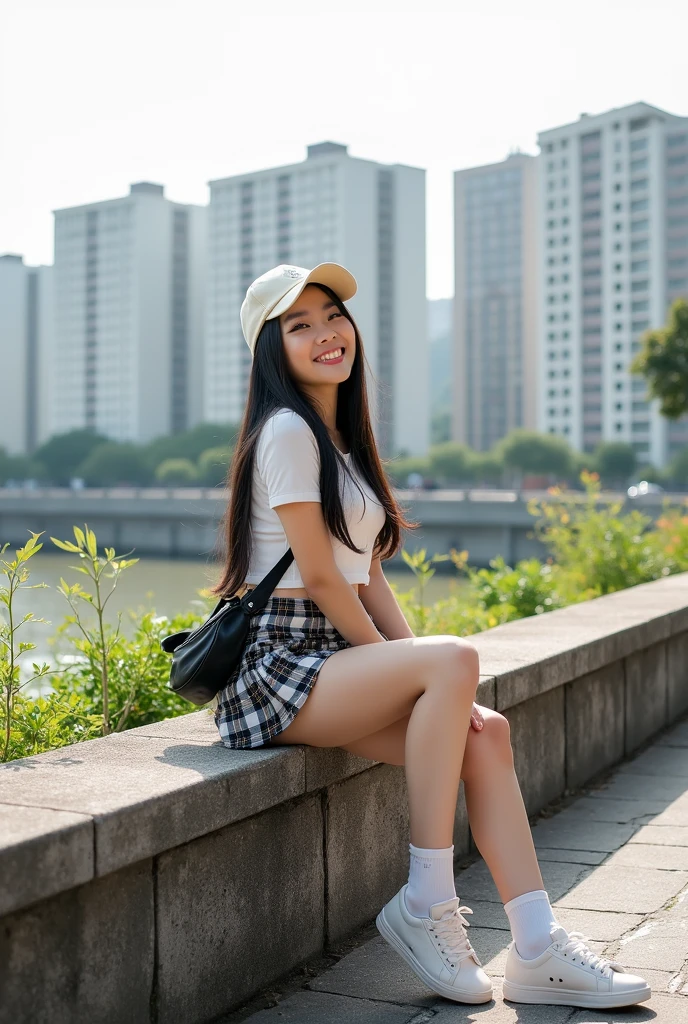 A beautiful asian and young girl.Her facial features are exquisite and fully conform to the golden ratio of human anatomy...Her long,straight long black hair, Big breasts, huge chest, fat body, beautiful scenery, big breasts, big, big , busty , big breast, big , wearing a sexy top, plaid skirt, fannypack, sneakers, baseball cap,sexy pose , big breasts , big breasts, huge , full body shot, thick body, stairs, beautiful smile , tall buildings , korea