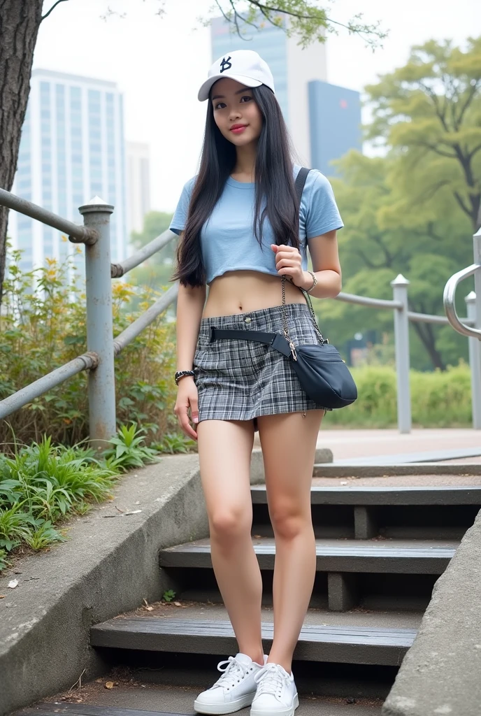 A beautiful asian and young girl.Her facial features are exquisite and fully conform to the golden ratio of human anatomy...Her long,straight long black hair, Big breasts, huge chest, fat body,  beautiful scenery,  big breasts, big, big , busty , big breast,  big , wearing a sexy top, plaid skirt, fannypack, sneakers, baseball cap,sexy pose ,  big breasts , big breasts,  huge , full body shot, thick body, stairs,  beautiful smile , tall buildings , korea