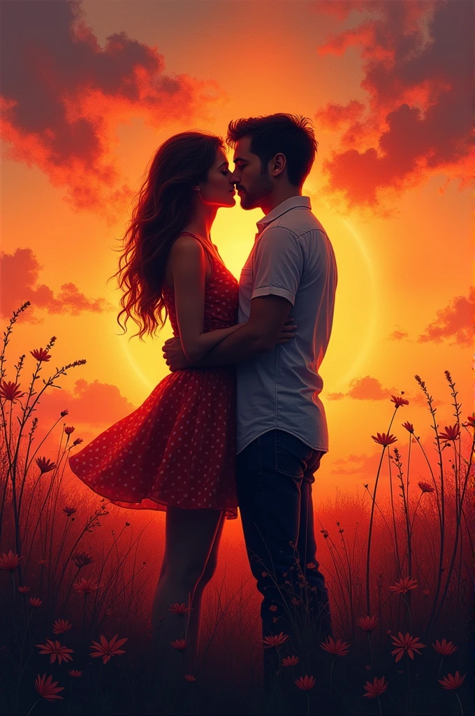 Cover for the book " a thousand kisses from a boy" by Tillie Cole Emotional and Deep:
imageio: A kiss in the middle of a sunset scene, with silhouettes of a couple embracing in the foreground.
detaileds: The image can be in a watercolor style or with vibrant colors that represent passion and pain.. The title and author can be in a simpler font so as not to compete with the image..
