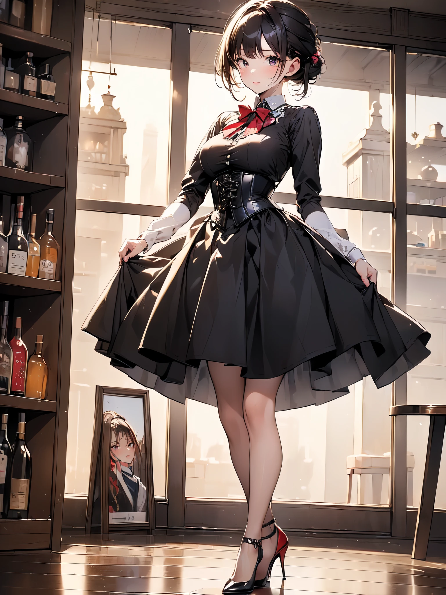 (masterpiece, best quality, highest quality, Masterpiece, 8k:1.5), (kawaii:1.2), (Full Body Shot,Including face,1girl,Focus on the face,Symmetrical facial features), Beautiful woman, (slender), ((High heels)), Detailed depiction of the face, Black Eyes,Cafe,bar, (Red checked skirt,corset,clerk,uniform),Inside the store,Window Cleaning, (multiple:-1.2),