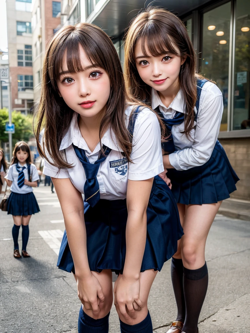 Browsing Caution, ((masterpiece)), ((Highest quality)), (Very detailedな), ((cute)), cute, (Multi-point), ((sexy)), (device), ((Very detailed)), 4K, (8k), Highest quality, (beautiful), hyper cute face, shape, Anime Style,hyper Genuineistic, Genuine, ((Navy high socks and brown loafers))、 ((From face to feet)), close, Thick outline, Clear contours, (Two Girls, 3 cute girls:1.5), (Schoolgirl Uniform :1.5), City Sidewalk、beautiful light brown hair, beautiful brown eyes, ((beautiful eyes)), (Leaning forward:1.5), (Under the skirt:1.5), short hair, Big Breasts,  smile
