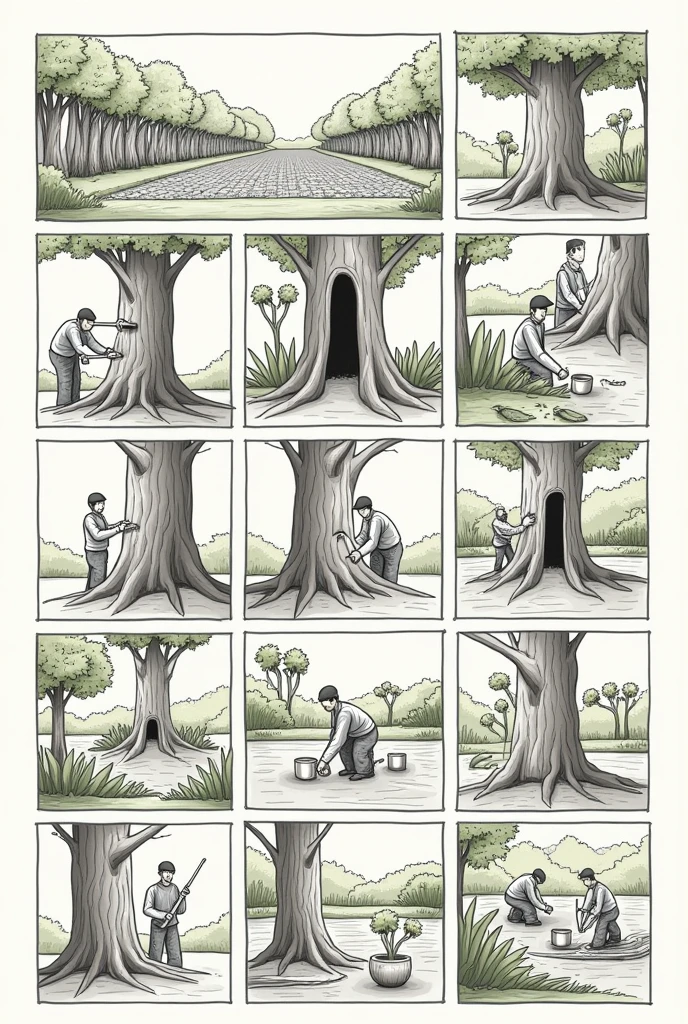 Create a comic strip about the process of extracting latex from the rubber tree from start to finish , make it blank so I can print it and paint it,The process of extracting latex from rubber trees is called bleeding.. In this method, a small volume of tree bark is removed, allowing the sap to flow, that flow into small mugs fixed to the tree trunk. Geralmente, the procedure is carried out between six and eight years after planting the rubber tree.