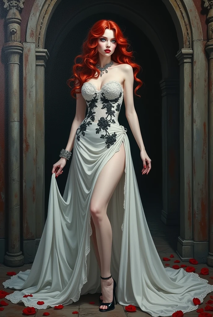 Oil Painting anime comic art, Boris Vallejo art, of a female vampire, exquisite beauty, full body shot, dark glamour shot, busty, pale white skin, dark red hair, long hair, wavy hair, blood red lips, glowing grey eyes, she wears a (white lace dress: 1.3) exquisite, beautiful, ((white lace: 1.5)) dress (intense details, Masterpiece, best quality: 1.5), the roses are imprinted on the dress (black: 1.4) elegant high heels, dark castle
