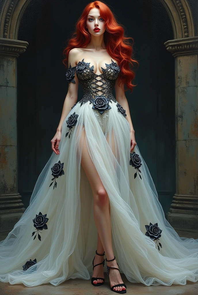 Oil Painting anime comic art, Boris Vallejo art, of a female vampire, exquisite beauty, full body shot, dark glamour shot, busty, pale white skin, dark red hair, long hair, wavy hair, blood red lips, glowing grey eyes, she wears a (white lace dress: 1.3) exquisite, beautiful, ((white lace: 1.5)) dress (intense details, Masterpiece, best quality: 1.5), the roses are imprinted on the dress (black: 1.4) elegant high heels, dark castle