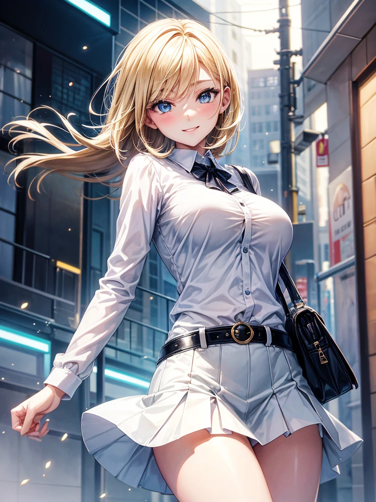 Anime style, super fine illustration, highly detailed, beautiful detailed, pale tone image, static representation, gentle expression, happy expression, 8k, pretty 1girl with blonde straight short hair & blue eyes & a bright smile & full bust & soft fair skin is wearing big white business shirt not to show her skin & black tight skirt & 1business bag, on the business building street, in the morning, brilliant particles of lights, happy stories, romantic stories, solo, perfect fingers, perfect arms, perfect legs, masterpiece.