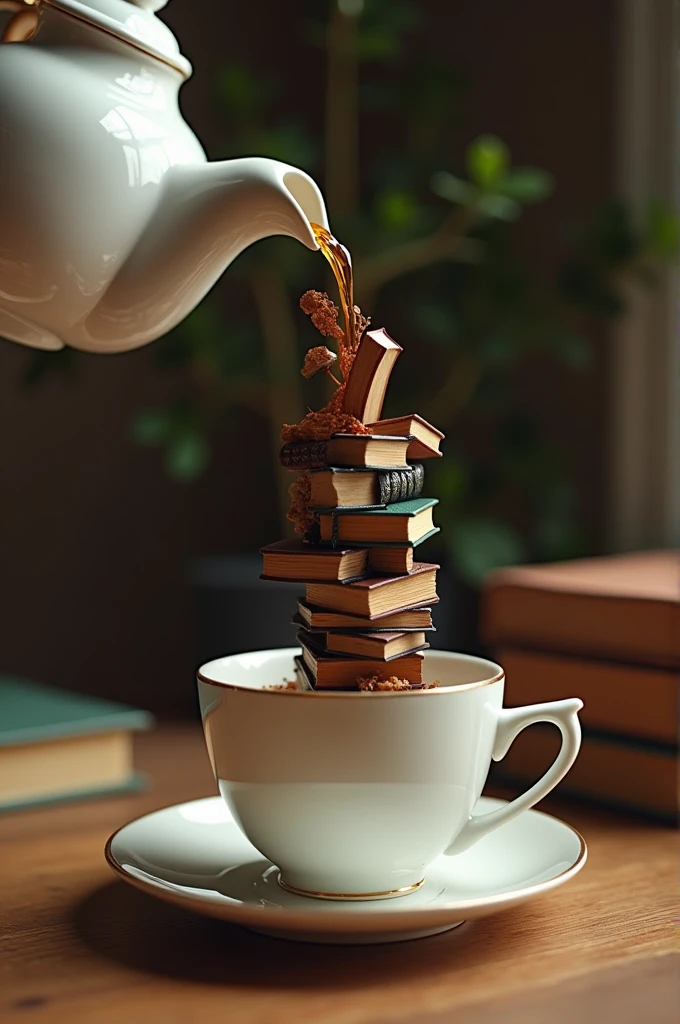 Coffee pot spilling mini books into a cup