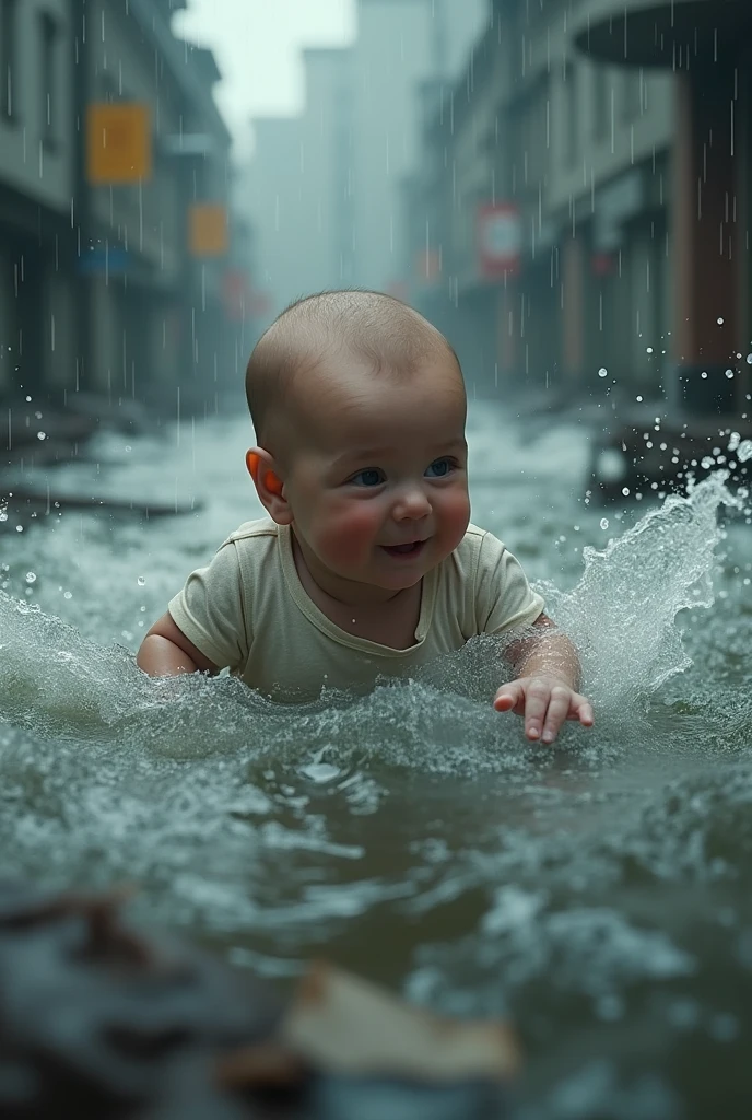 A realistic image of a baby in flood