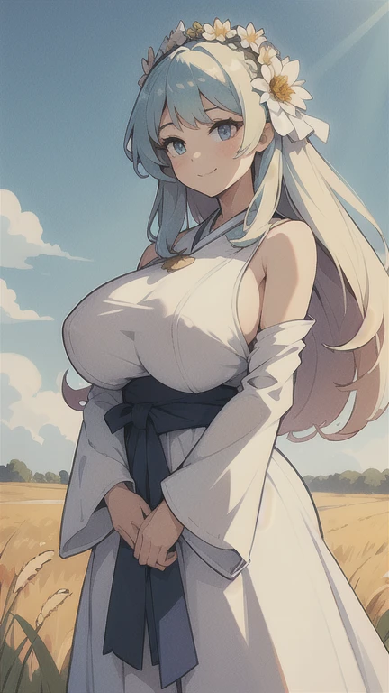 masterpiece, Best Quality, ultra high resolution, detailed illustration, portrait, detailed, 1 girl standing in the wheat field, Alone, by the wide, dress, flower, Hanfu blanco, smile, Whole body, white flower, bare shoulders, very by the wide, aquamarine hair, Closed mouth, in front of the viewer, hits, giant breasts huge tits