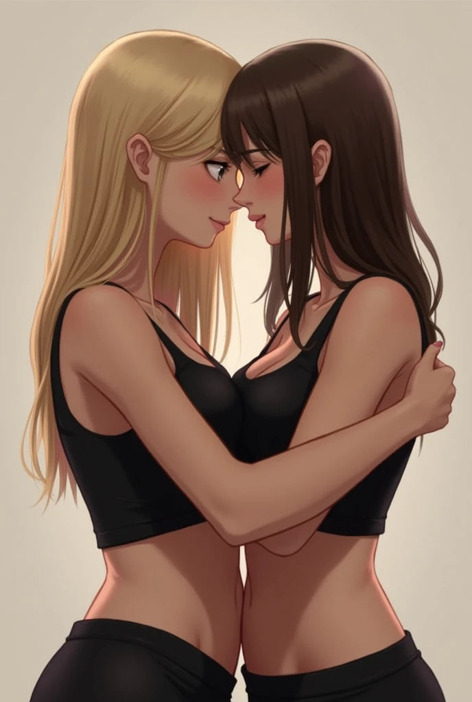 A blonde woman with straight hair and brown eyes and a black cropped tank top hugging another woman with brown hair and straight hair and a black cropped tank top