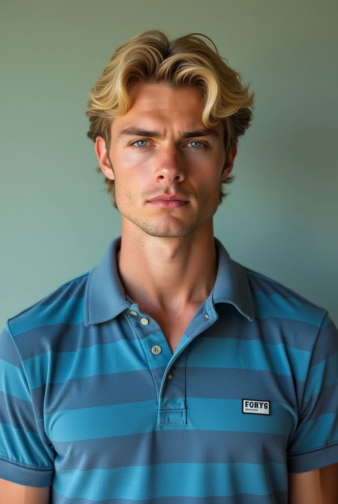 vhs cover slasher blond man 1990 with a blue striped polo shirt, ID Photo, Plain background, portrait photo, with jeans ((Best quality)), ((masterpiece)), ((detailed)), perfect face, well lighted
