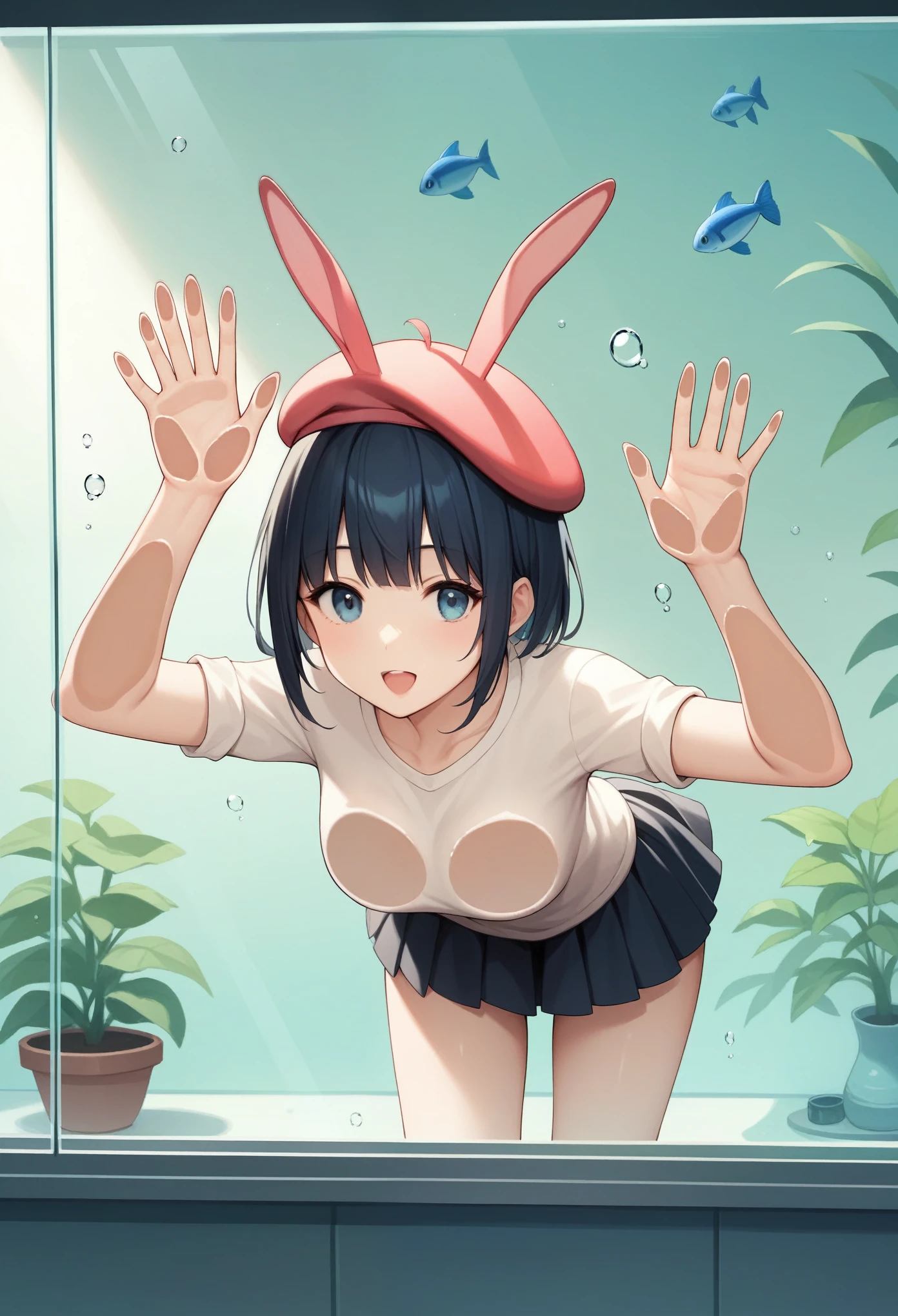 A scene in an aquarium with an anime-style girl with short dark hair. She is wearing a beige beret with bunny ears., a peach-colored sweater and a dark skirt. The girl is standing with her torso slightly leaning forward., looking curiously through the aquarium glass. His right hand is resting on the glass, while his left hand hangs relaxed at his side. Her posture makes her breasts, large and bulky, are pressed against the glass, slightly deforming from contact. The scene is illuminated with a blue light, typical of aquariums, and deep down, Behind the glass, you see fish swimming. The focus is on the girl&#39;s interaction with the aquarium glass and the way her breasts gently bump against it..