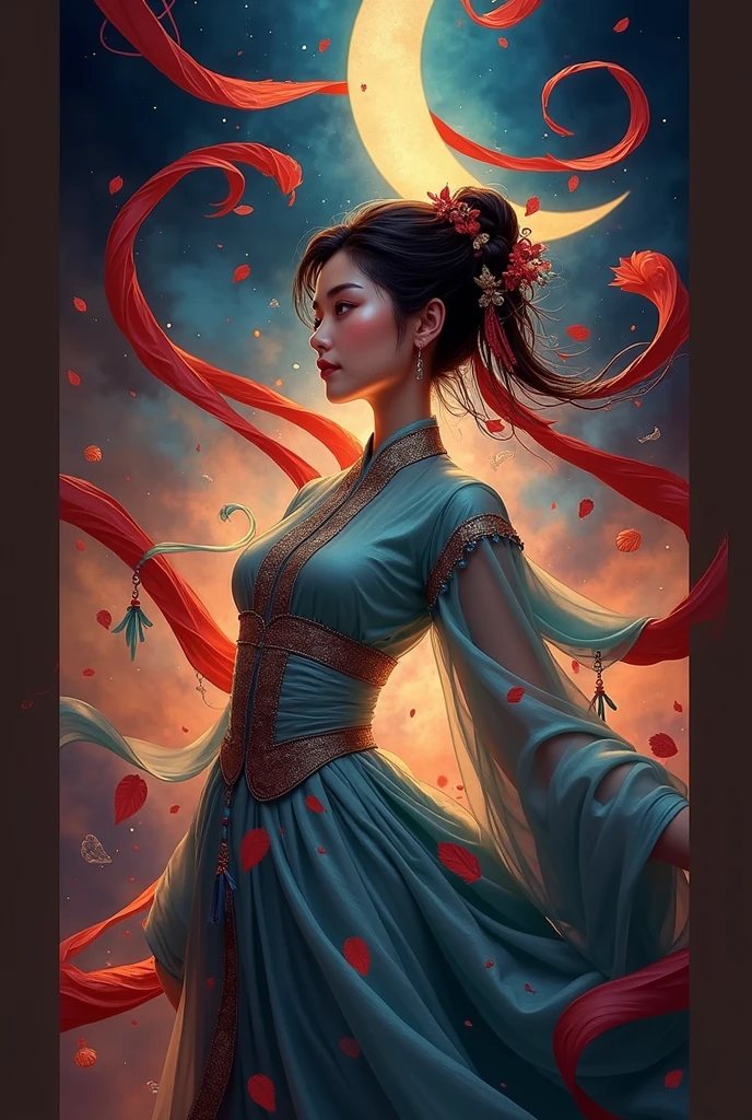 Chinese woman, Close do rosto, crescent female figure made of ribbons, smoke, in the sky, colorful and bright, mystical colors, modern impressionism, return to Yanjun Cheng, iridescent painting, 3/4 perspective, cute face, low angle, wide swirling composition, big beautiful crystal eyes, big iris, ultra HD, HDR, 8k, (work of art: 1. 5), (the most beautiful portrait in the world: 1.5)