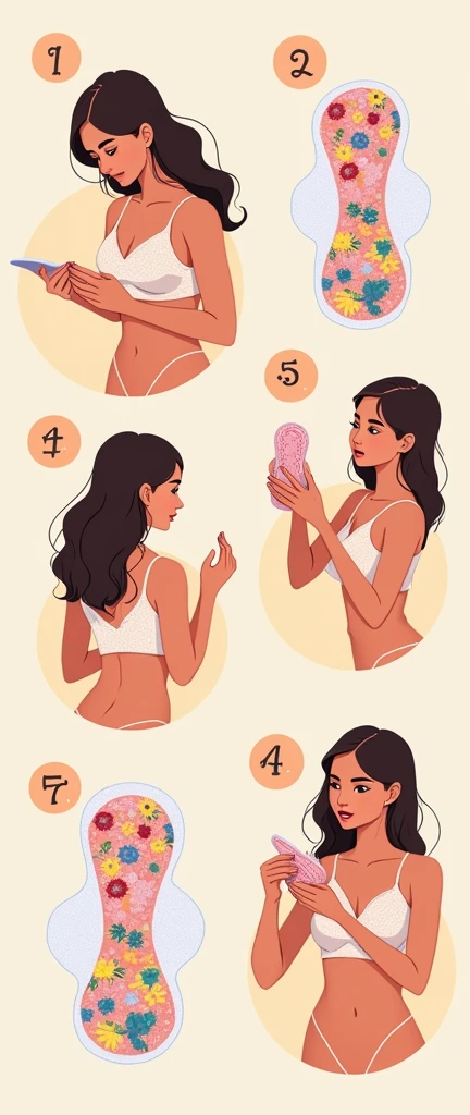 A detailed, step-by-step illustration of a woman putting on a sanitary pad. The illustration starts with the woman holding the pad, then shows her unfolding it, aligning it with her underwear, and finally securing it in place. The sanitary pad is depicted as brightly colored and has a cute design, making the process appear less intimidating for first-time users., illustration