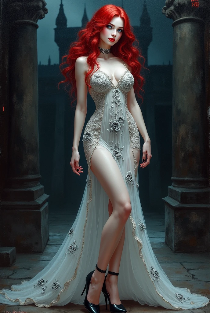 Oil Painting anime comic art, Clyde Caldwell art, of a female vampire, exquisite beauty, full body shot, dark glamour shot, busty, pale white skin, dark red hair, vampire teeth, long hair, wavy hair, blood red lips, glowing blue eyes, she wears a (white lace dress: 1.3) exquisite, beautiful, half sheer dress, ((white lace: 1.5)) dress (intense details, Masterpiece, best quality: 1.5), the roses are imprinted on the dress (black: 1.4) high heells, dark castle