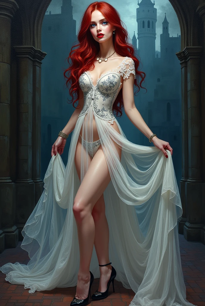 Oil Painting anime comic art, Clyde Caldwell art, of a female vampire, exquisite beauty, full body shot, dark glamour shot, busty, pale white skin, dark red hair, vampire teeth, long hair, wavy hair, blood red lips, glowing blue eyes, she wears a (white lace dress: 1.3) exquisite, beautiful, half sheer dress, ((white lace: 1.5)) dress (intense details, Masterpiece, best quality: 1.5), the roses are imprinted on the dress (black: 1.4) high heells, dark castle