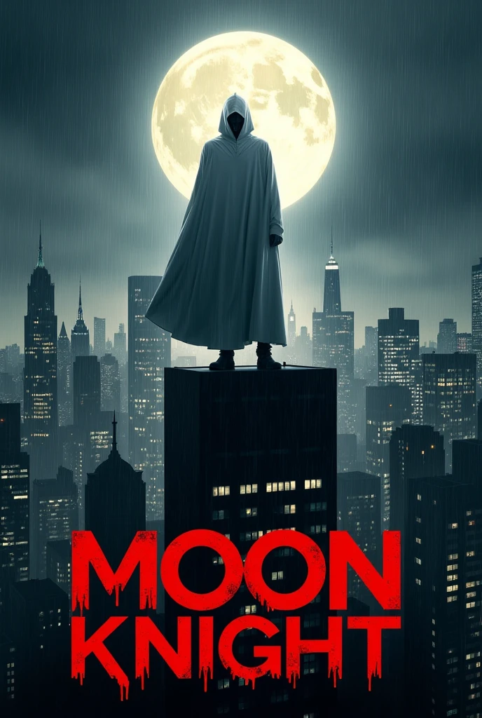 Make a poster for a Moon Knight series in the city where it is on top of a building at night while it rains blood and is reflected in a building, and as title put Moon Knight in red