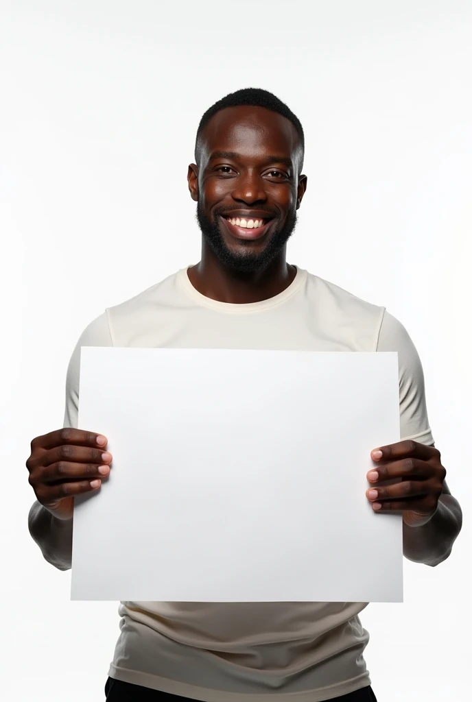 on a white background a cheerful black man shows a white sheet of paper in front of him