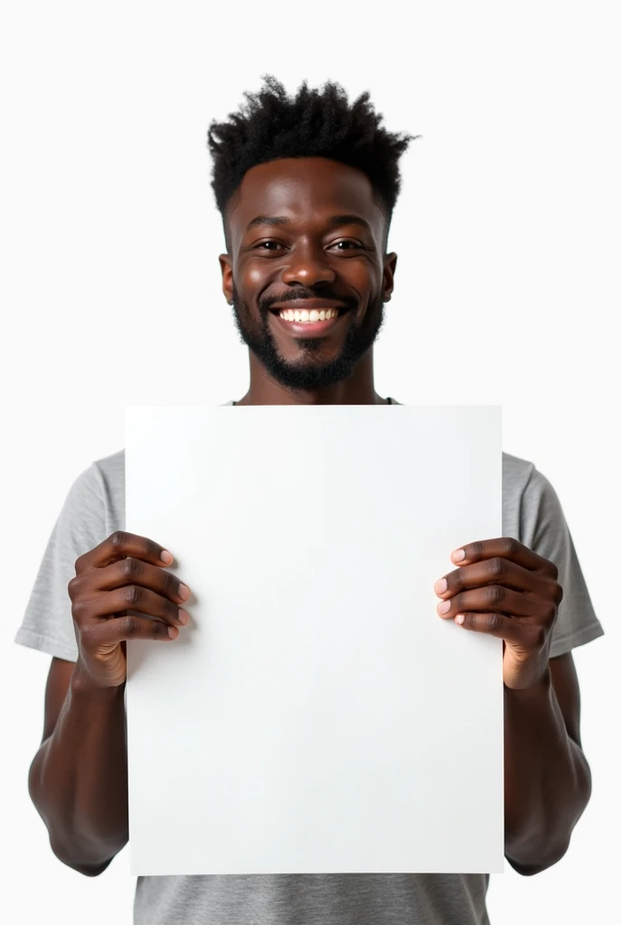 on a white background a cheerful black man shows a white sheet of paper in front of him