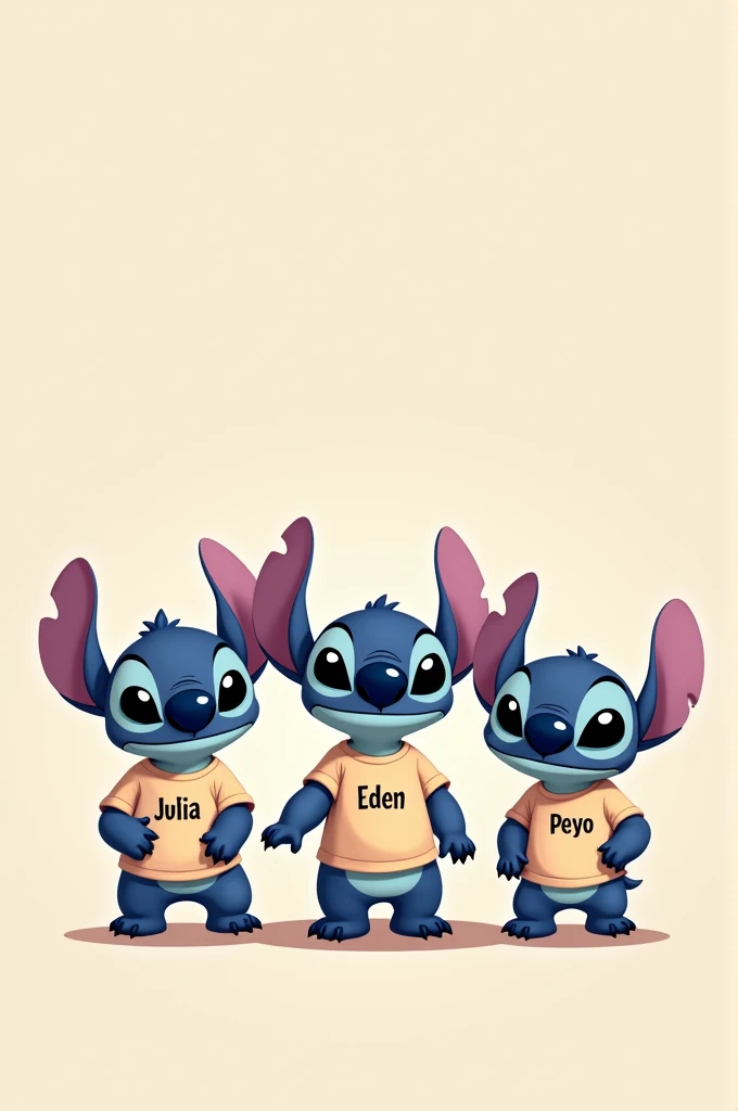 stitch with a t-shirt writes julia next to it another stitch with a t-shirt writes eden next to it another stitch with a t-shirt writes peyo