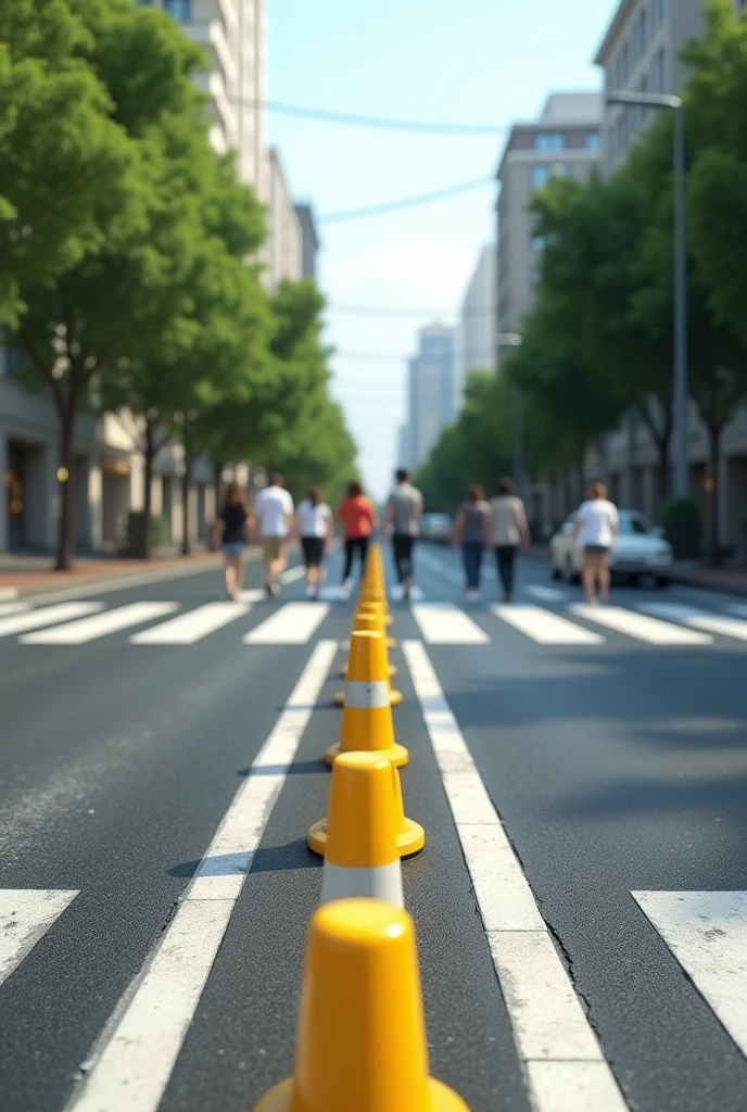 Imagine an urban street with a well-paved asphalt and some trees in the background.. The sky may be clear or slightly cloudy.
pedestrian crossing: En el centro de la imagen, there is a well-marked pedestrian crossing, with wide white stripes, indicating where pedestrians should cross.
Metal containment: Before the pedestrian crossing, there is a metal containment. This containment can be a grid or a safety barrier made of metal., painted yellow or white, to increase visibility. It can be positioned on the sidewalk, separating pedestrians from the flow of vehicles.