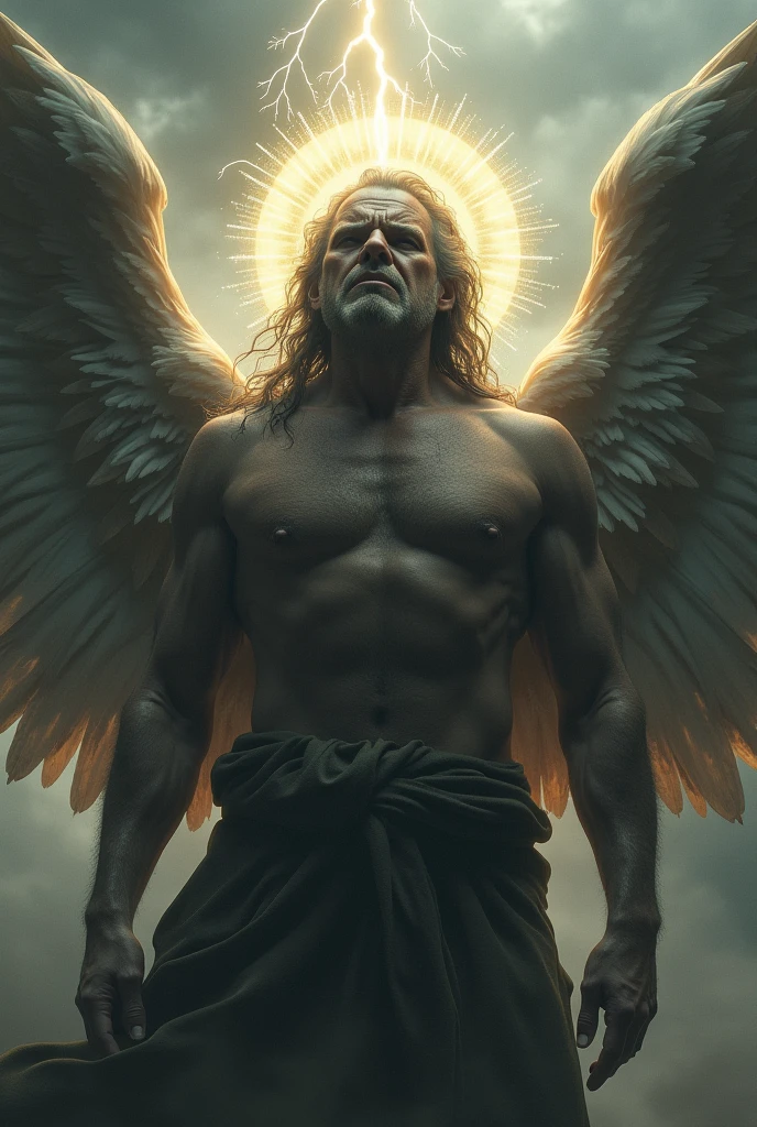 rude man with wings angry face beautiful, oreol, glory, light, thunder, storm, beautiful wings full of deatails, beautiful angel face, war, sadness, betrayal, anger