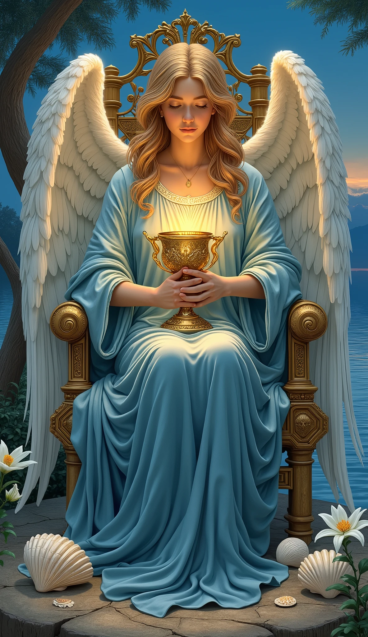 Create a serene and nurturing scene for the "Queen of Chalices" card, reflecting the Rider-Waite Queen of Cups, with an angelic touch. Depict a regal and compassionate angelic figure seated on an ornate throne by the sea, dressed in flowing robes of deep blue and soft silver. The angel gently cradles a beautifully ornate golden chalice, gazing into it with deep empathy and understanding. Her wings are gracefully folded around her, creating a protective and comforting aura. Surround the throne with symbols of emotional depth, such as gently lapping waves, delicate seashells, and soft white lilies. The background should feature a calm, reflective sea under a twilight sky, symbolizing intuition and deep emotional wisdom. The overall atmosphere should exude warmth, compassion, and a deep connection to the heart, perfectly suited for the Lumen Angelis tarot deck.

