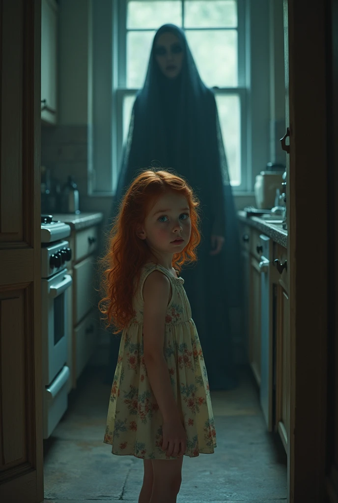 little red-haired girl with long hair, wavy and blue eyes, a flowery dress and an expression of fear, behind him there is a shadow woman in a kitchen, leave the redhead turned around looking at the shadow