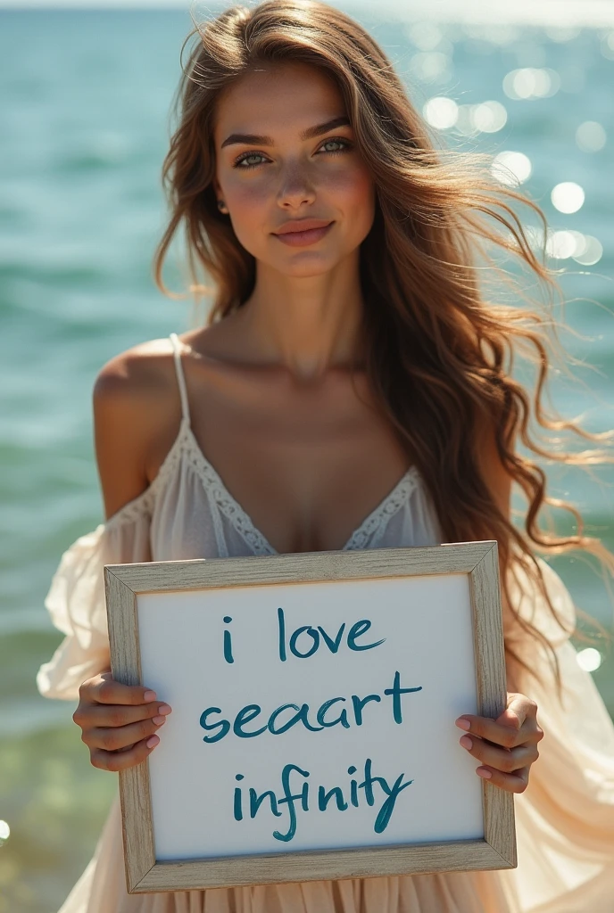 Beautiful girl with wavy long hair, bohemian dress, holding a white board with text "I Love Seaart Infinity" and showing it to the viewer