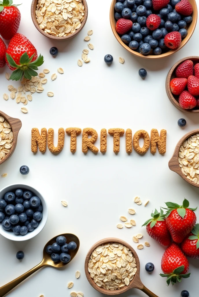 (photorealism:1.2) I need you to make lettering with oats that says nutrition, add more things around it, add spoons, dishes, blueberries and strawberries change the background white background