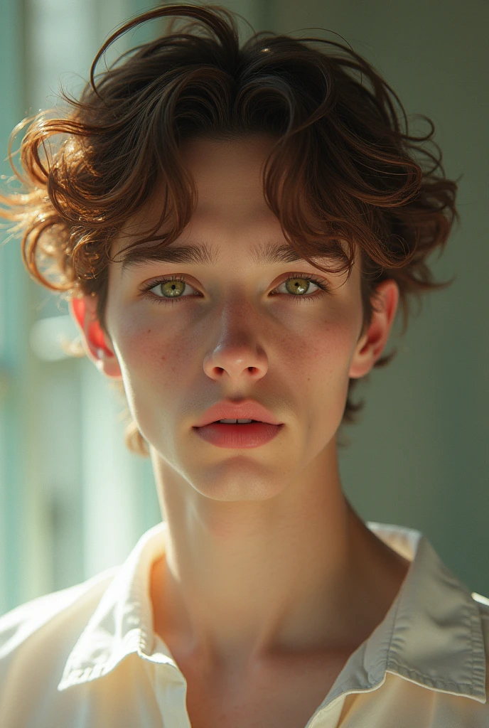 A boy, He is the son of Aphrodite, ah inherited a certain beauty from her, The chic looks very pale, with beautiful, slightly greenish hazel eyes, curly hair not so long, hazelnut brown but sometimes some reddish lights, natural red lips in heart shape,
The boy is tall and very attractive, too handsome, He is and is in the present time