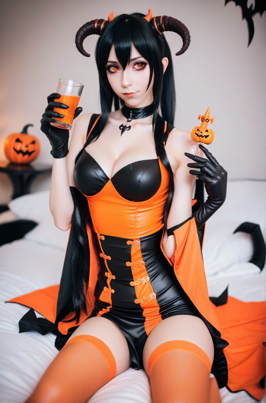 araffe dressed in a black and orange outfit sitting on a bed, ayaka Cosplay, Halloween style, , Succubus in a tight short dress, Portrait of an edgy teenage girl, anime girl Cosplay, black and orange, orange and black, , Eat and drink, Gothic maiden anime girl, Cosplay, Gothic!!