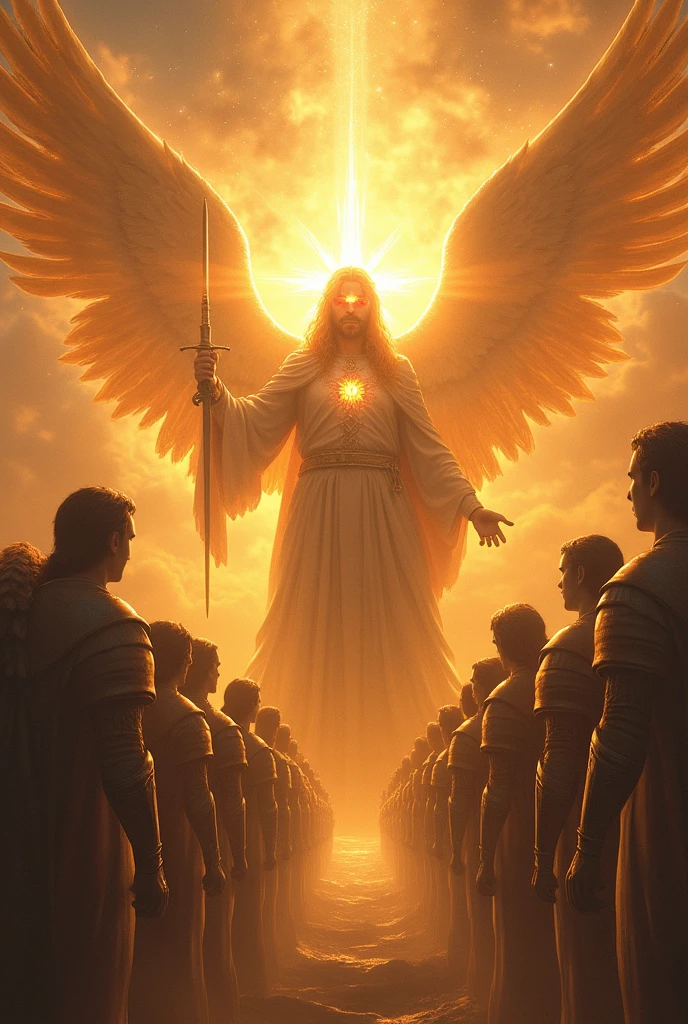 God with eyes of shining flame, in heaven surrounded by angels, the incredibly strong and powerful worshiping angels, with their swords and armor worshiping the most high God