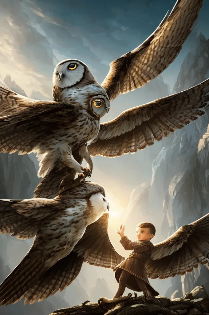 a boy with an owl head but human body and hands, short wings, wearing wizard clothes, with golden eyes, white feathers with brown tones, intricate details, highly detailed, 8k, photorealistic, digital art, art by artgerm and greg rutkowski, dramatic lighting, cinematic atmosphere, epic fantasy