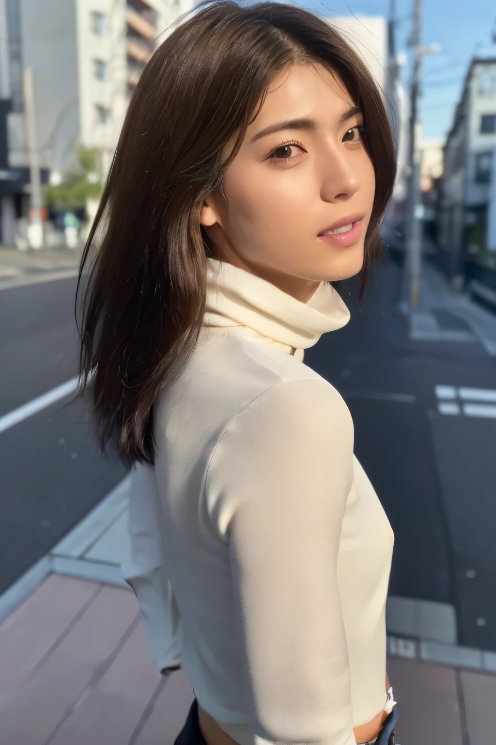 ((top-quality, in 8K, masterpiece:1.3)), Beautiful Japanese woman, perfect body:1.4, Slim abs:1.2, ((Straight hair:1.2)), (turtle neck:1.1), (a street:1.2), wetbody:1.5, Three-dimensional texture, A detailed eye, Brown hair, very thin waist, posterior view, looking back to the viewers