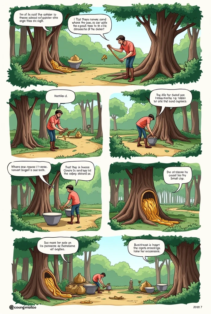 Create a comic strip about the process of extracting latex from the rubber tree from start to finish , make it blank so I can print it and paint it,The process of extracting latex from rubber trees is called bleeding.. In this method, a small volume of tree bark is removed, allowing the sap to flow, that flow into small mugs fixed to the tree trunk. Geralmente, the procedure is carried out between six and eight years after planting the rubber tree ,and make small balloons explaining the whole process