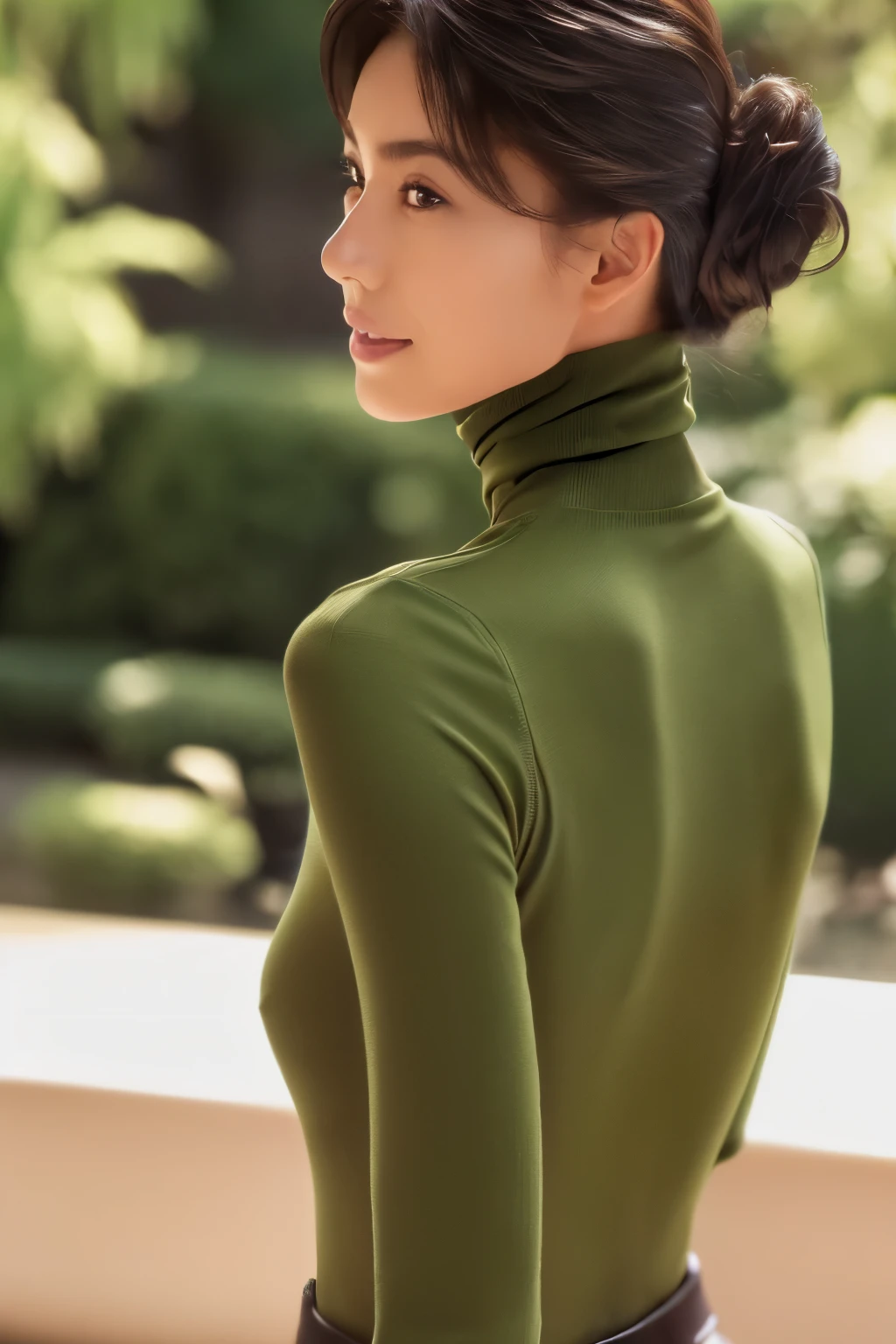 ((top-quality, in 8K, masterpiece:1.3)), Beautiful Japanese woman, perfect body:1.4, Slim abs:1.2, ((Straight hair:1.2)), (turtle neck:1.1), (a street:1.2), wetbody:1.5, Three-dimensional texture, A detailed eye, Brown hair, very thin waist, posterior view, looking back to the viewers