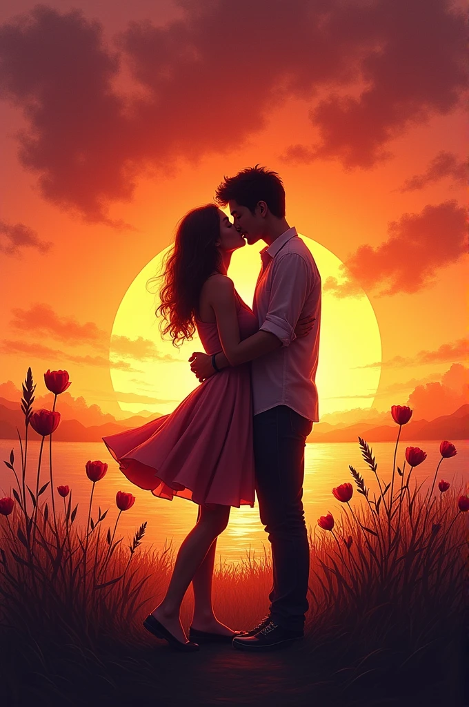Cover for the book " a thousand kisses from a boy" by Tillie Cole Emotional and Deep:
imageio: A kiss in the middle of a sunset scene, with silhouettes of a couple embracing in the foreground.
detaileds: The image can be in a watercolor style or with vibrant colors that represent passion and pain.. The title and author can be in a simpler font so as not to compete with the image..