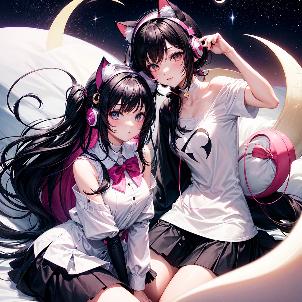 Logo with a crescent moon and star. On the moon would be sitting an anime girl with straight black hair, with fuchsia blouse and white short skirt, On his head headphones with cat ears.
Some hearts around (in bright colors) The white background